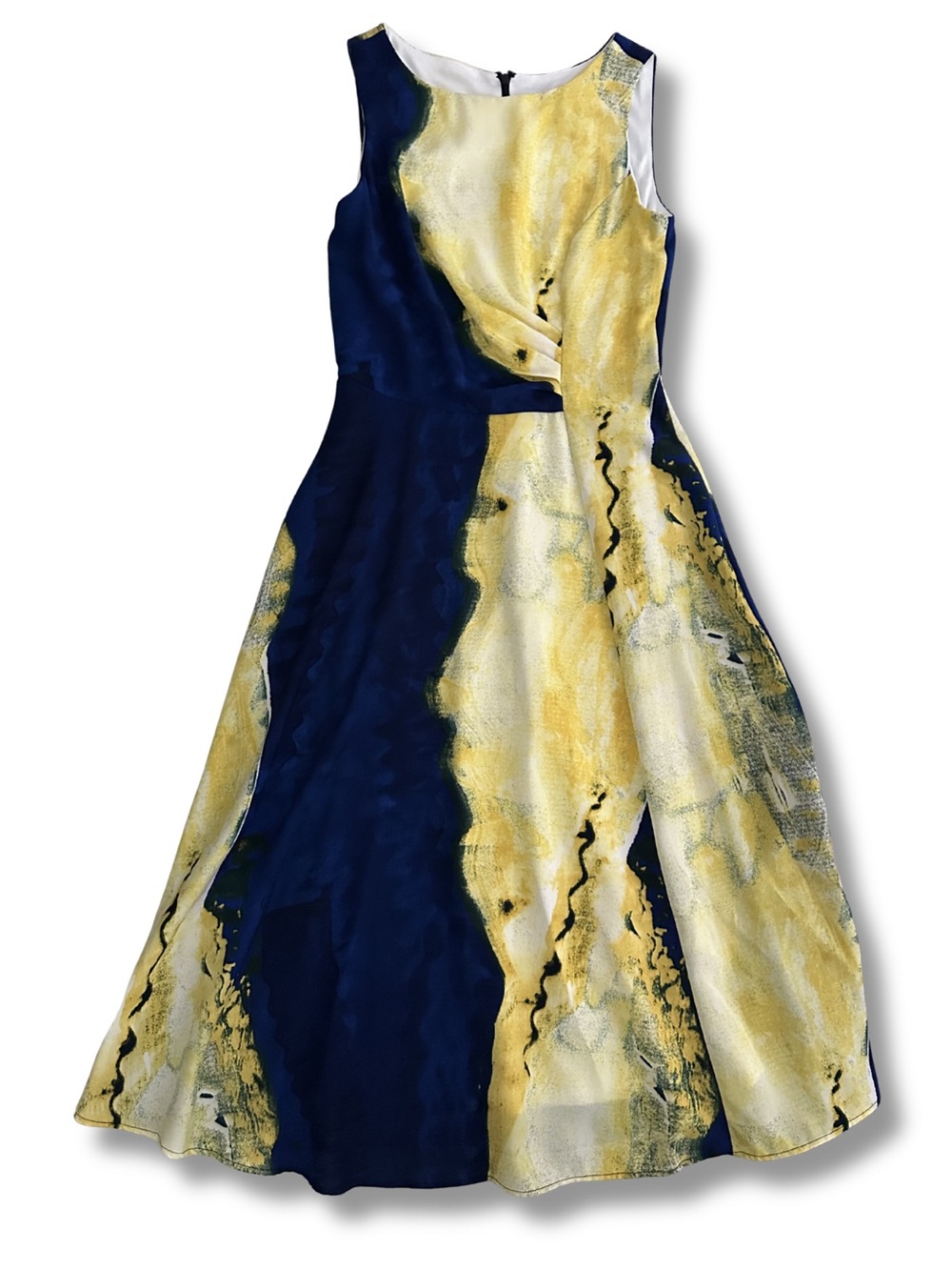 DKNY Midi Dress Size 2 Navy Yellow Abstract Print Draped Sleeveless NWT